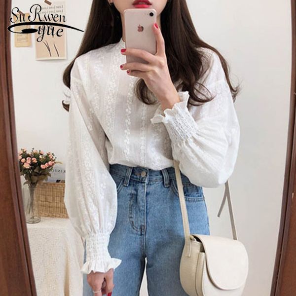 

embroidery lace shirt spring femme casual white women long sleeve linen cotton girls blouse plus size women blouses 6874 50