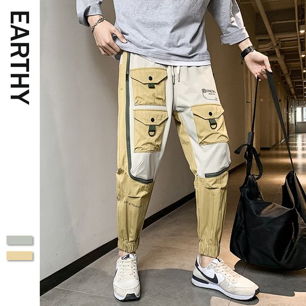

японский стиль mens cargo pants 2020 spring повседневный multi-карманы шаровар man марк hip hop грузового брюки streetwear, Black