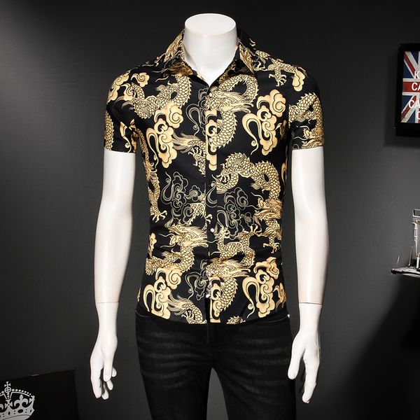 

2019 summer men shirt brand designer chinese dragon print social shirts men short sleeve slim fit turn down collar blouses 5xl, White;black