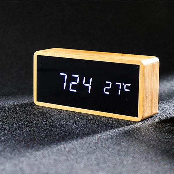 

wooden alarm clock temperature electronic watch digital led desk clock rectangle bamboo alarm clocks snooze function home decor
