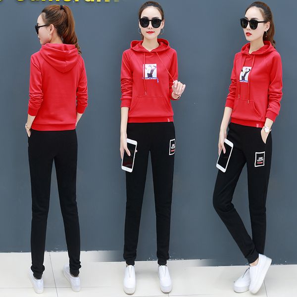 

по данным налини 8089 #2019 осень одежда корейский стиль печать с капюшоном спортивный комплект свободного покроя студентов, работающих женщ, Black