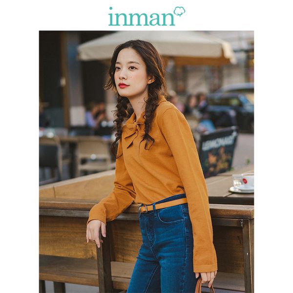 

inman 2019 autumn new arrival stand up collar sweet solid slim literary all matched women pullover, White;black