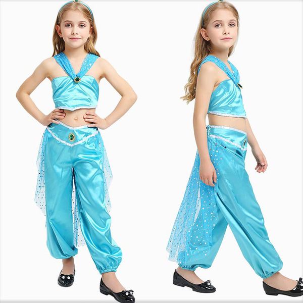 

детский праздник сценический костюм хэллоуин дети косплей арабская принцесса платье из трех частей блестками холтер хвост танец живота юбка, Blue