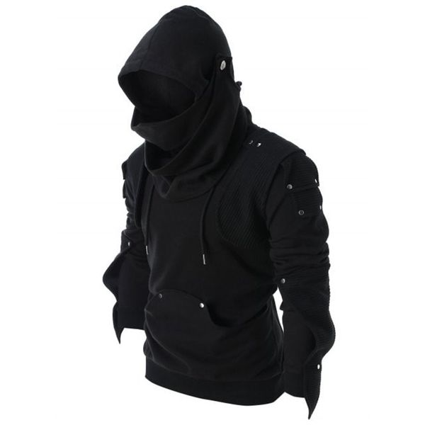 

feitong mens retro mask elbow button sweatshirts pullover long sleeve hooded sweatshirt blouse hoodies men's coat clothing, Black