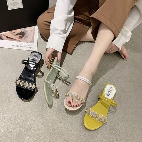 

sandals and slippers women 2020 summer new metal decoration with a line of ladies slippers breathable, Black