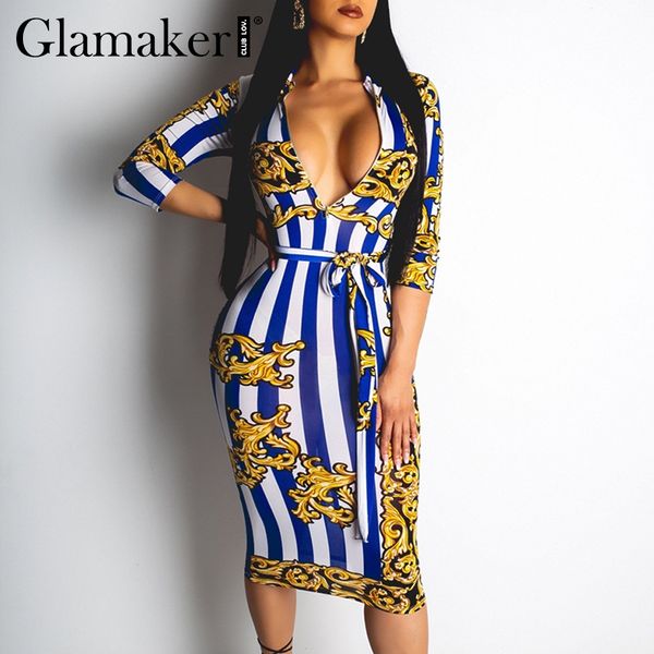 

Glamaker Sexy Striped Print Lace Up Belt Bodycon Dress Women Summer Half Sleeve Elegant Dress Female High Waist Party Club Dress