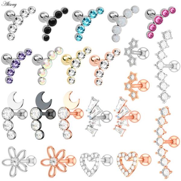 

alisouy 1pc zircon cz leaf heart star flower ear studs cartilage earring for women stainless steel small ear piercing jewelry, Slivery;golden