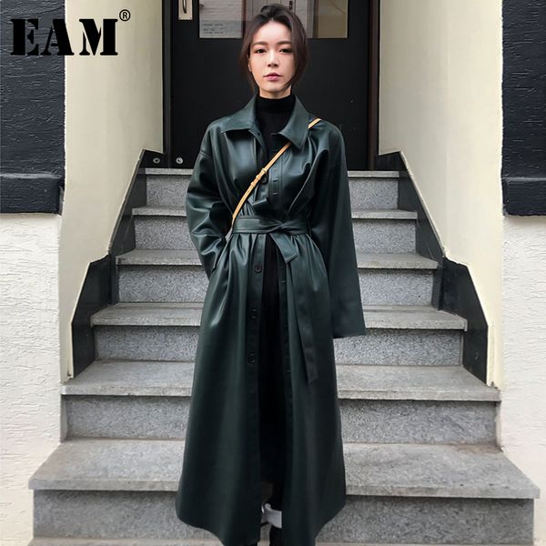 

eam] 2019 new spring autumn pu leather lapel long sleeve bandage button pockets windbreaker women trench fashion tide jy110, Tan;black