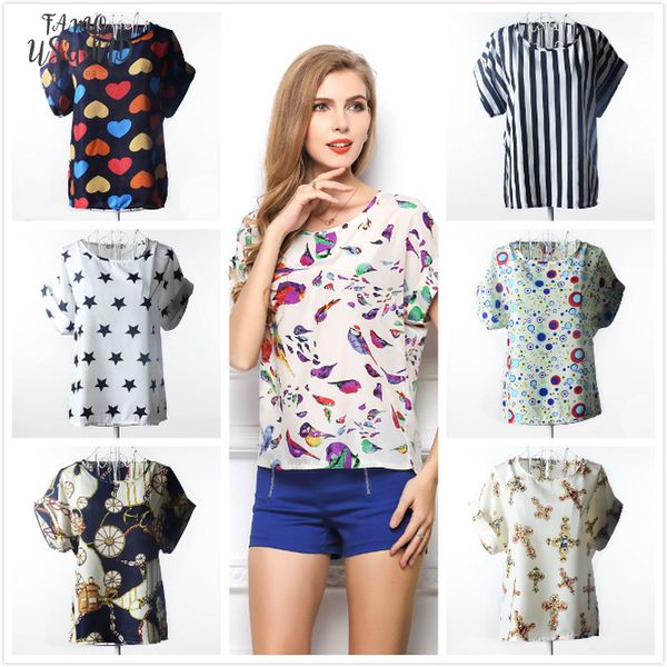 

womens plus size summer short sleeve colorful printed chiffon t shirt for female batwing loose tees size s xxl ship, White