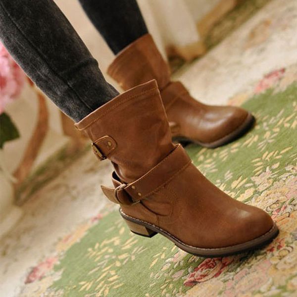

women winter boots motorcycle superstar buckle boots women shoes 2019 fashion classic pu leather winter ladies shoes, Black