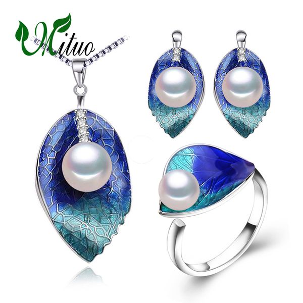 

mituo pearl jewelry sets 925 sterling silver stud earrings,natural pearl leaf necklace for women love cloisonne earrings ring, Black