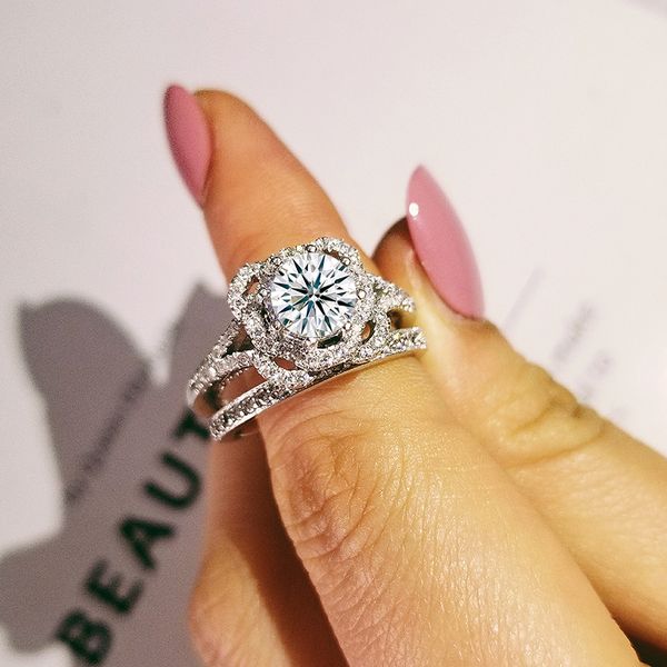 

2019 new luxury halo 925 sterling silver wedding ring set for women lady anniversary gift jewelry wholesale moonso r5125s