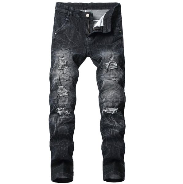 

mens straight jeans men casual ripped stretch denim pants holes designer trousers elastic waist big size european w28-w42, Blue