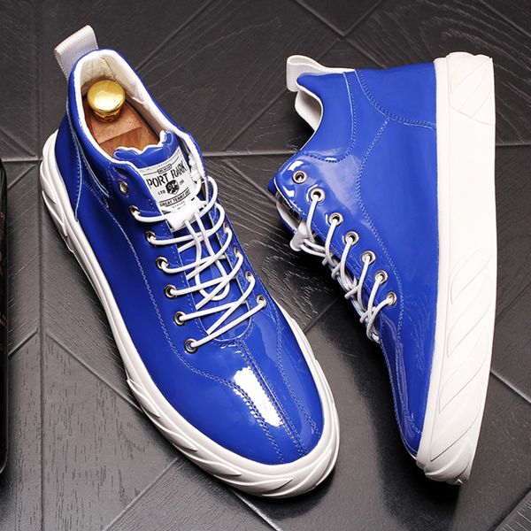 

men casual shoes men fashion patent leather sneakers boots casual leather boots spring autumn high shoes, Black