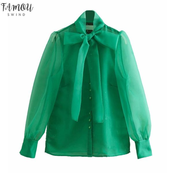 

women high street bow collar transparent organza green smock shirt blouses women long sleeve buttons blusas chemise long sleeve, White