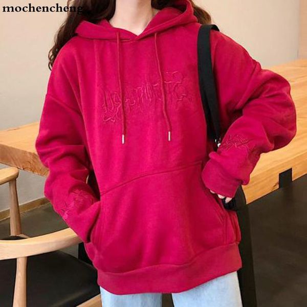 

fashion casual loose long-sleeved women hoodies sweatshirt embroidered harajuku female thick section pullover, Black