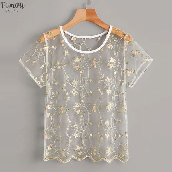 

sell women flower embroidery lace mesh shirts see through transparent o neck short sleeve blouse femme tank, White
