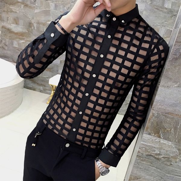 

mens lace shirt new brand spring summer white shirt men cs party club mens see through shirts chemise homme long, White;black