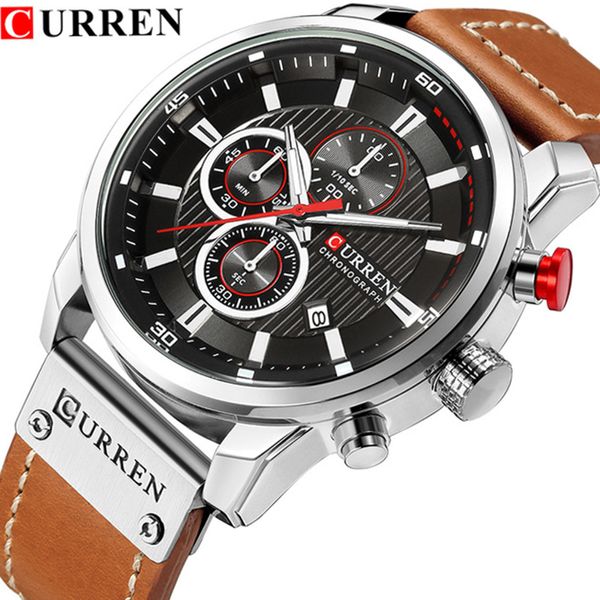 

reloj hombre curren chronograph men sport watches men's quartz clock leather strap waterproof wristwatch, Slivery;brown