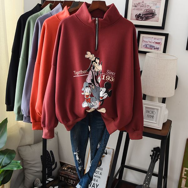 

2019 autumn winter thickening hoodie coat women fleeced warm sweatshirt femme zipper cartoon pattern cool outwear oversized, Black