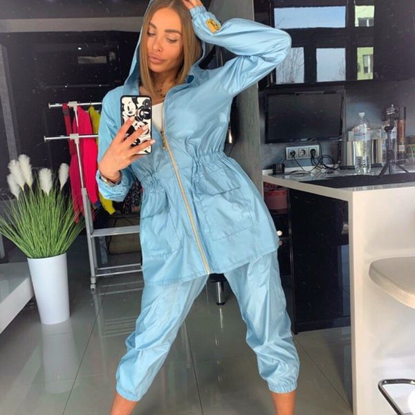 

2019 women's sportswear two piece set2019 solid color hooded casual two piece set, Gray