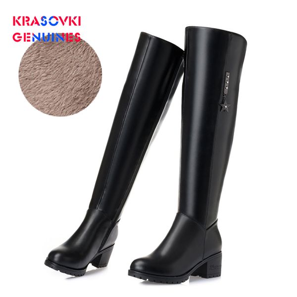 

krasovki genuines winter leather over knee boots thick heels dropshipping warm plush fashion leisure flat bottom leather boots, Black