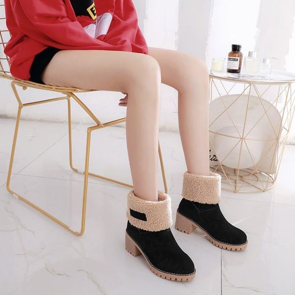 

2019 winter round toe women ankle boots faux fur slip-on snow boots short plush round toe hoof heels women shoes size 34-43, Black