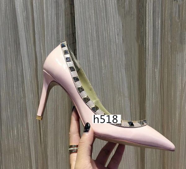 

бренд женщины острым носом 2-ремень туфли на высоком каблуке насосы черная кожаная обувь с заклепками обувь 8.5 см оптом, Black