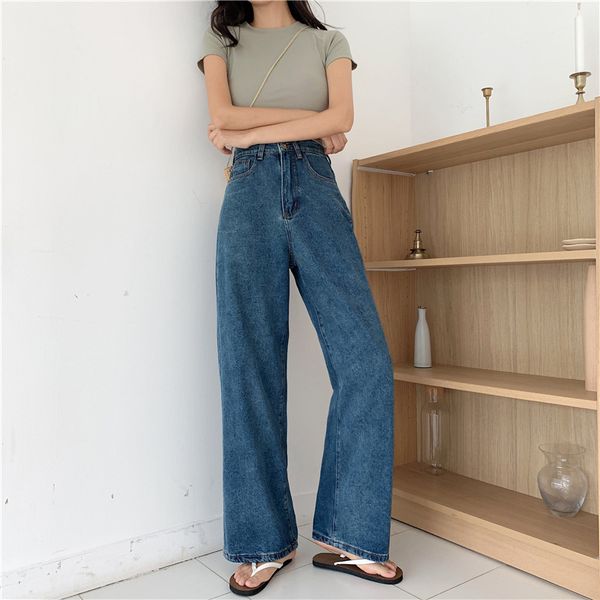 

autumn and winter l high-waisted xuan ya jeans female loose fall in thin mopping the floor drape wide-leg straight dad pants, Blue