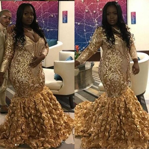 Vestidos de ouro meninas negras africanas Prom Dresses 2020 v pescoço ocasião paetês Applique mangas compridas Rose Floral Saia Especial vestidos de festa