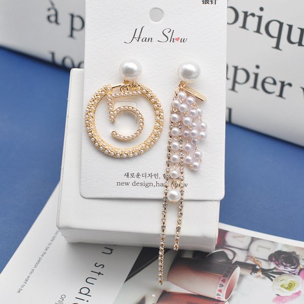 

shiffel 2019 new s925 ear pin big pearls lucky number 5 long rhinestone tassels asymmetry drop earrings, Silver