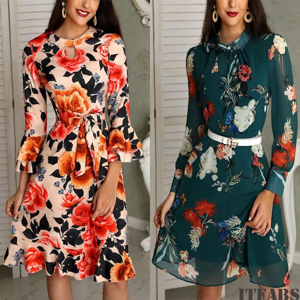 

new fashion floral dress women high waist bandage bodycon long sleeve short mini floral party skater beach dress, Black;gray