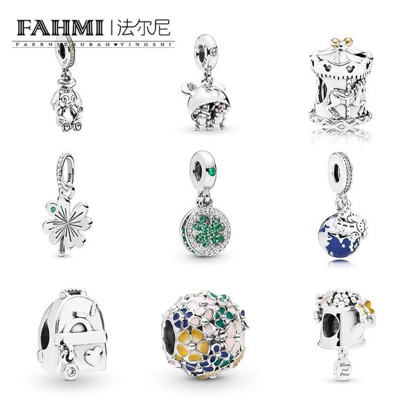 

fahmi 100% 925 sterling silver new flower adventure bag carousel watering can beads four-leaf clover globe hanging women charm diy jewelry, Black