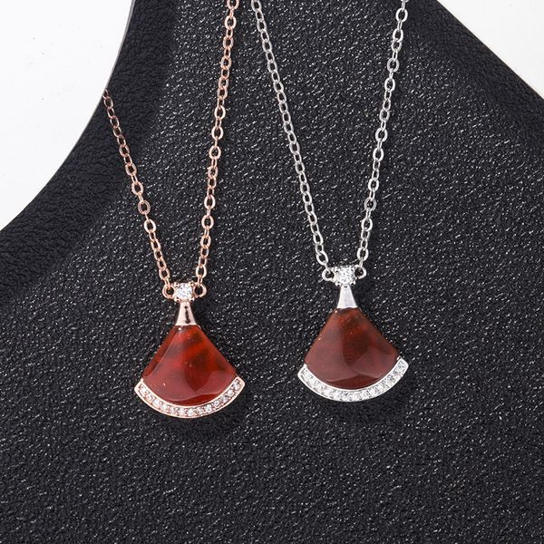 

womens classic red chalcedony full diamond korean fashion s925 sterling silver fan-shaped valentines day necklace