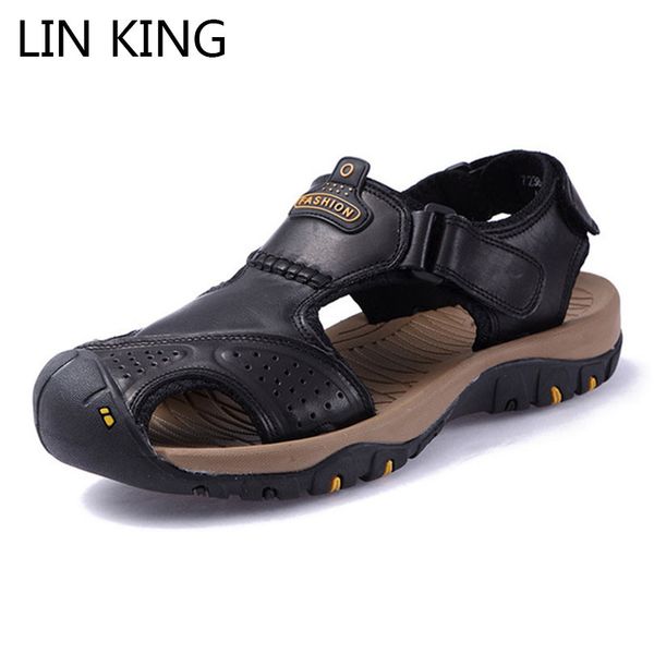 

lin king classic men soft sandals comfortable men summer shoes leather sandals big size soft roman outdoor shoes for man, Black