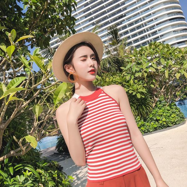 

korean summer harajuku stripe sleeveless tankwomen camisoles cross belt backless knitted off shoulder top, White