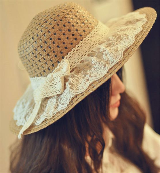 

new trend casual lace straw hat sun hat women and child floppy ribbon panama caps hollow-out floral bucket, Blue;gray