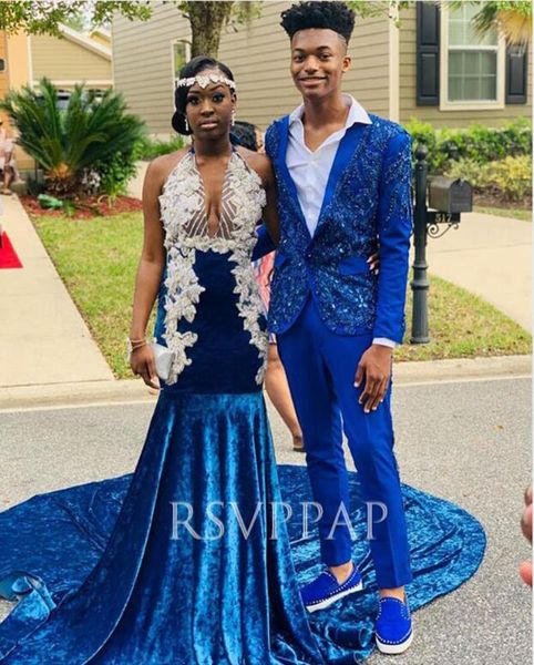 

royal blue mermaid prom dresses 2020 african black girl stunning beaded white appliques velvet long prom gowns, White;black