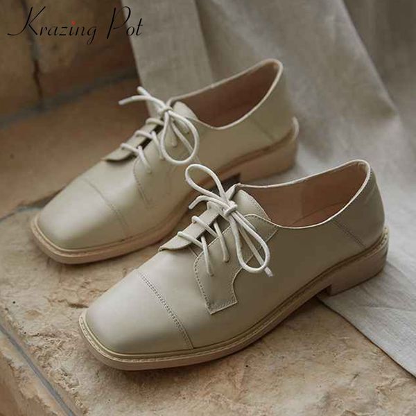 

krazing pot genuine leather fashion solid lace up shoes square toe low heels concise casual style campus punk women pumps l04, Black