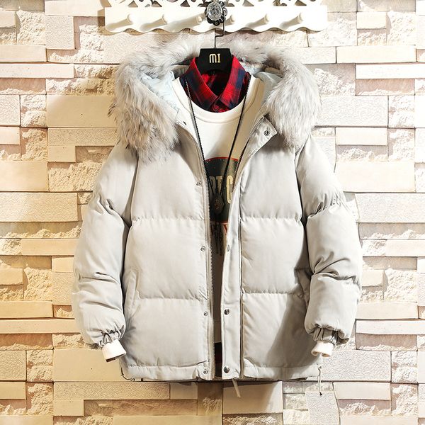 

winter jacket men warm fashion thick parka men solid color casual fur collar hooded coat man loose cotton jacket male clothes, Black