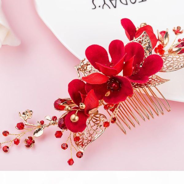 

beijia handmade red flower hair comb wedding prom hair accessories gold leaf bridal combs headwear women jewelry, Slivery;golden