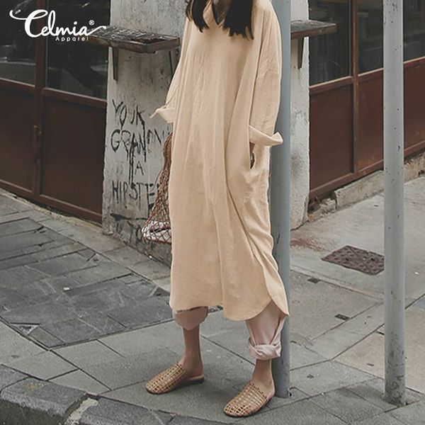 

celmia женское платье корейский стиль 2020 лето дамы v-образным вырезом с длинным рукавом рубашка платье повседневная свободная партия халат, Black;gray