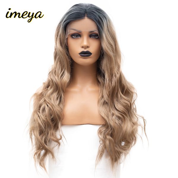 

imeya ombre blonde two tone color with black roots long body wave synthetic lace front wigs heat resistant fiber wigs for women
