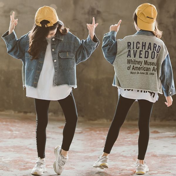 

1y8ha 2019 autumn middle and large children's denim stitching coat shirt shirt girls' foreign style children's fashionable co, White;black
