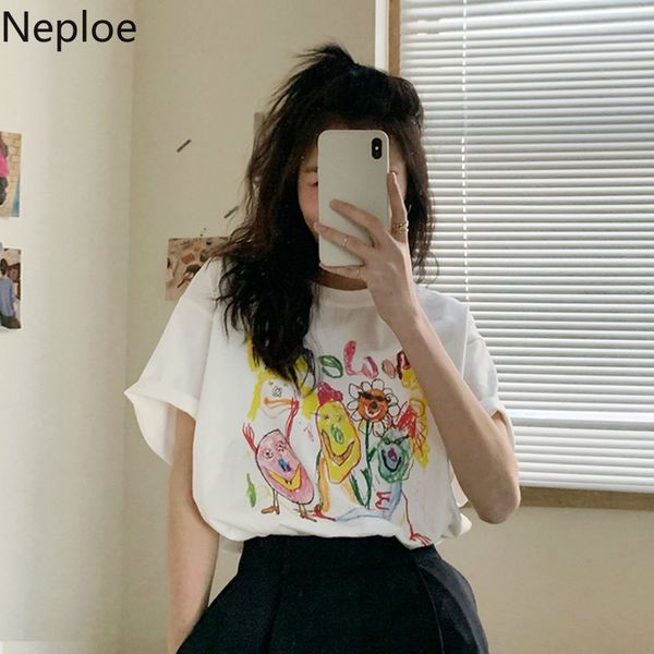 

neploe cartoon graffiti t shirts women summer 2020 loose o neck short sleeve ladies fashion casual cotton female tee 1a1343, White
