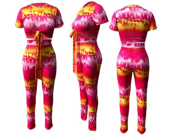 

2019 summer plus size 2 piece set women tie dye tight trousers set bandage short sleeve lumbar leg pants women clothing, White