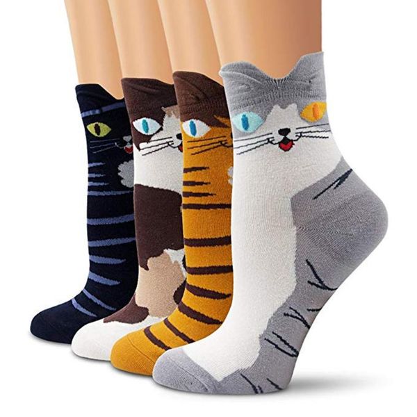 

4pc women socks new funny cute cartoon fun funky cat novelty harajuku kawaii happy art socks cotton fashion harajuku, Black