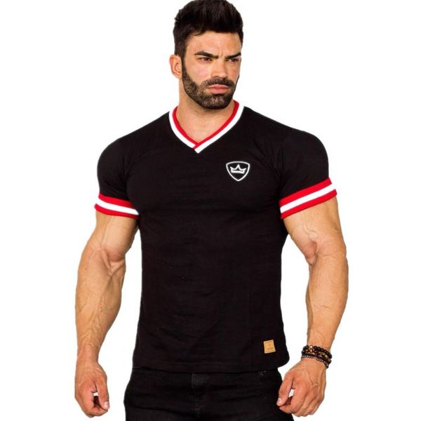 

2020 wind muscle men's summer sports running breathable color matching v-neck fitness t-shirt street basketball short sleeve, White;black