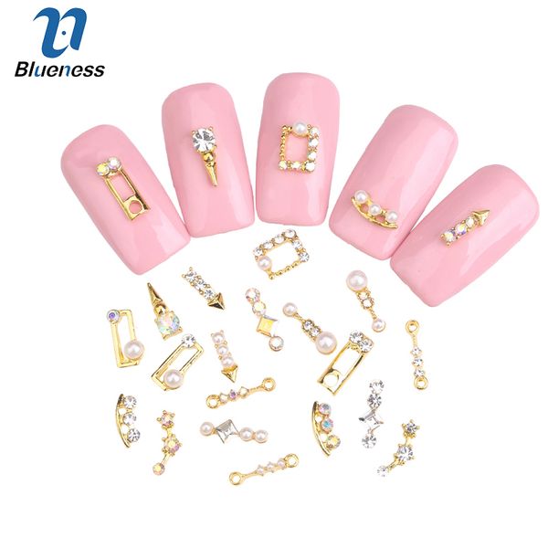 

blueness 10pcs acrylic nail art rhinestones 3d gold metal pearl decoration studs 25 designs glitter jewelry nails accessories, Silver;gold