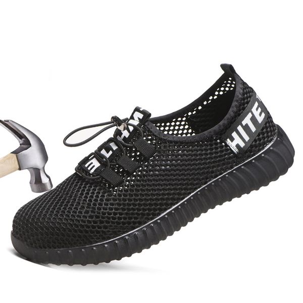 

breathable safety shoes men lightweight summer steel toe safty work boots anti-smashing piercing sandals single mesh sneakers, Black
